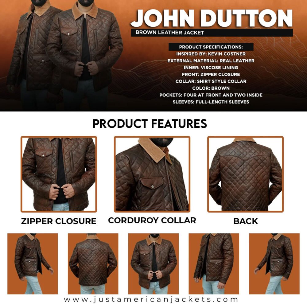 Buy Kevin Costner Brown Quilted Leather Jacket