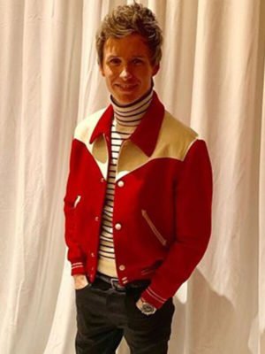 Eddie Redmayne Red & White Varsity Jacket