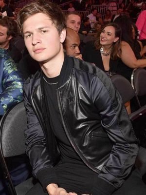 Ansel Elgort Black Leather Varsity Jacket
