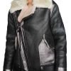 Women Faux Fur Collar Black Leather Jacket