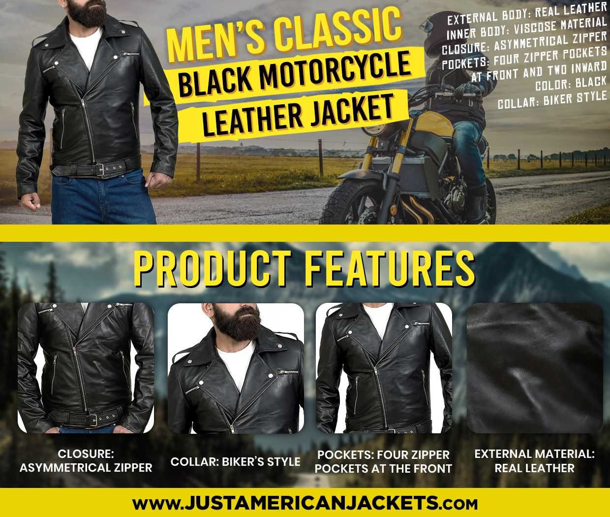 Mens Classic Black Leather Motorcycle Jacket - Just American Jackets