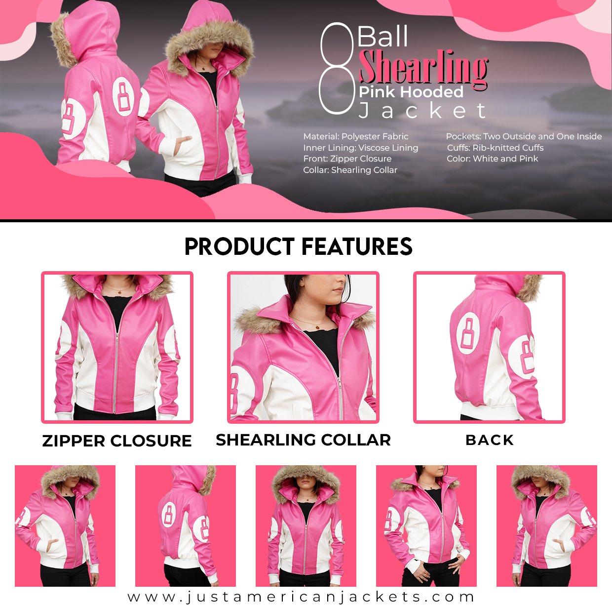 8 Ball Shearling Pink Hooded Jacket Info Graphic Post