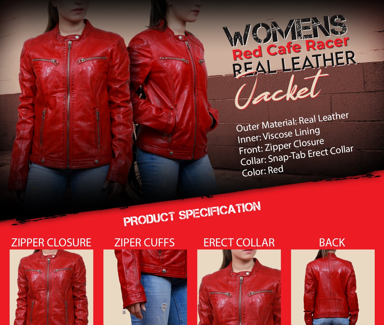 Womens Red Cafe Racer Real Leather Jacket