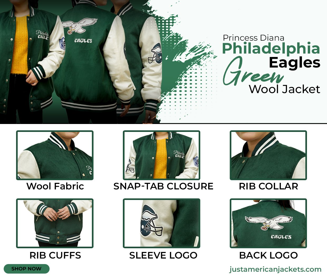 Green and Grey Varsity Princess Diana Philadelphia Eagles Jacket