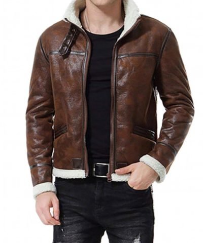 Men’s Bomber Style Striped Brown Shearling Leather Jacket