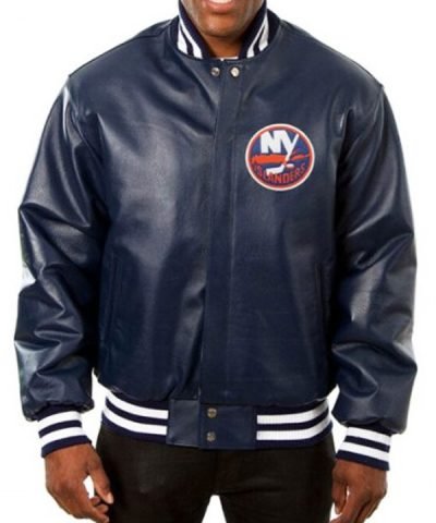 New York Islanders Bomber Blue Varsity Leather Jacket