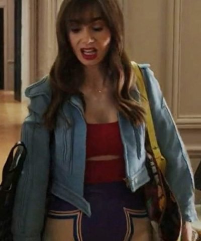 Emily Cooper Emily In Paris S03 Lily Collins Cropped Blue Leather Jacket