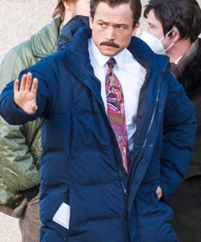 Taron Egerton Tetris 2023 Henk Rogers Blue Puffer Hooded Jacket