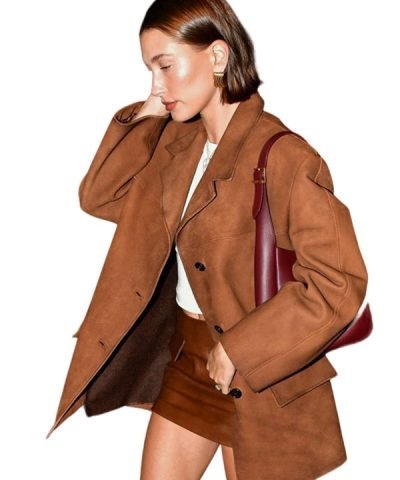 Hailey Bieber Brown Suede Leather Coat