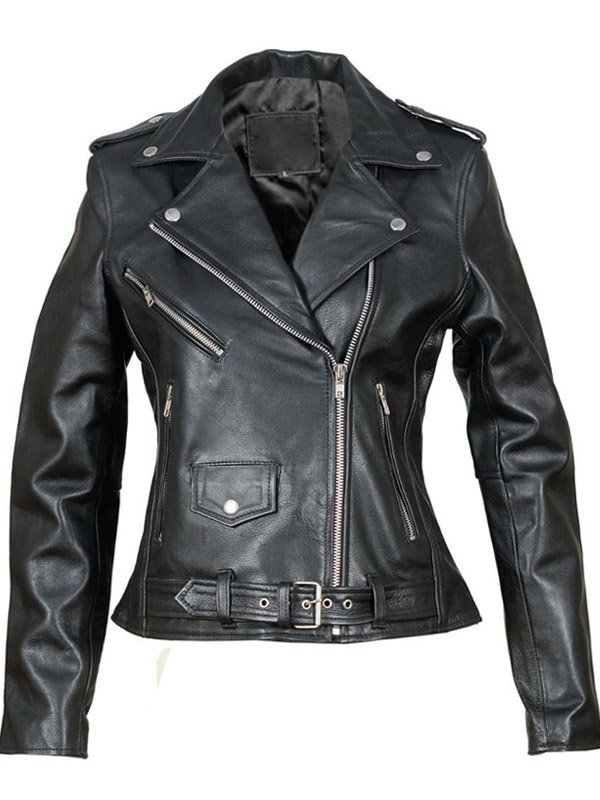 Women's Slim Fit Biker Black Leather Jacket - Just American Jackets