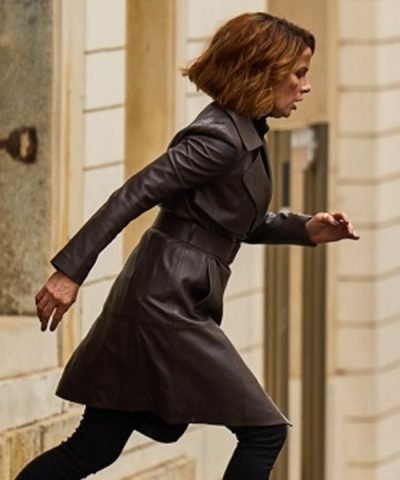 Kate Beckinsale Movie Canary Black 2024 Brown Leather Coat