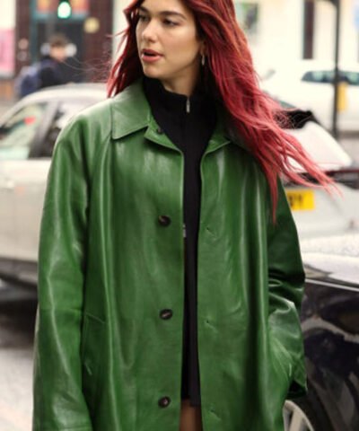 Dua Lipa Green Leather Trench Coat
