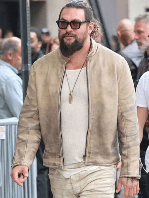 Shop Jason Momoa Amazon Upfront 2025 Beige Cafe Racer Jacket