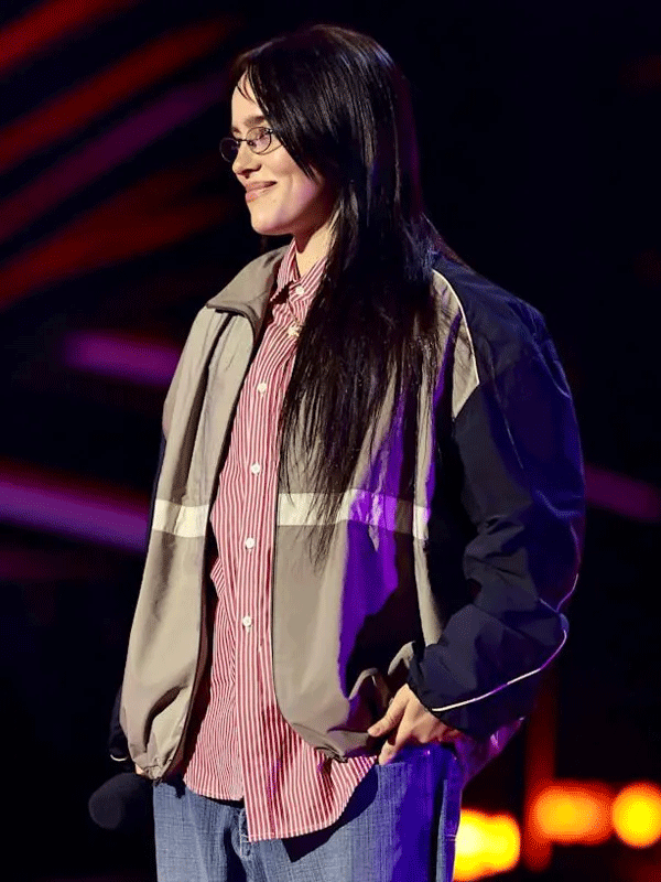 Billie Eilish iHeartRadio Music Awards Jacket Shop Billie Eilish Awards Beige and Black Jacket