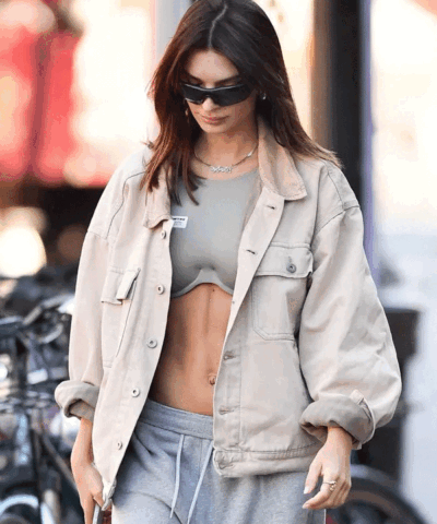 Shop American Actress Emily Ratajkowski Street Style Beige Jacket