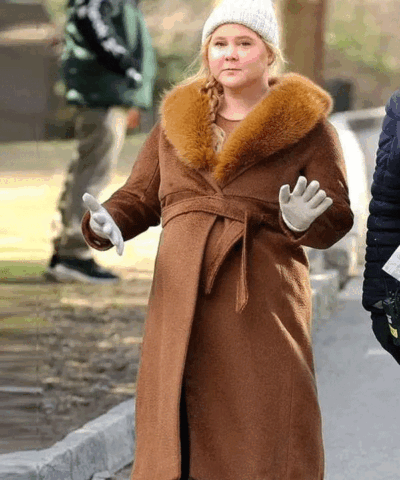 Shop Lainy Newton Kinda Pregnant Movie 2025 Amy Schumer Brown Shearling Coat
