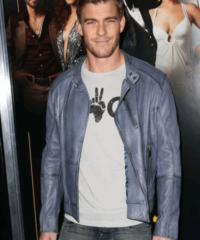 Shop Alan Ritchson Los Angeles Premier Night Blue Cafe Racer Jacket