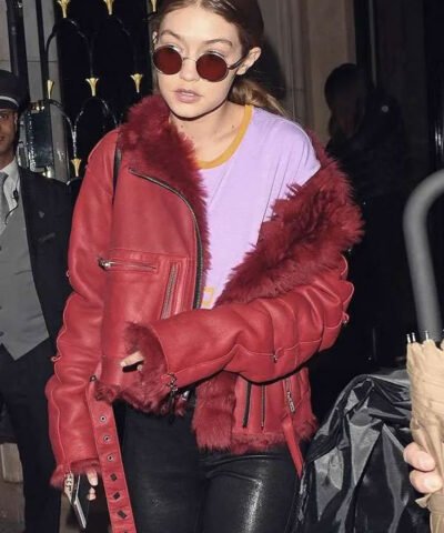 Shop Gigi Hadid PFW Street Style Red Fur Jacket
