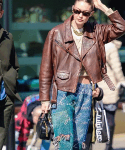 Shop NYC Gigi Hadid Street Style 2025 Brown Leather Jacket