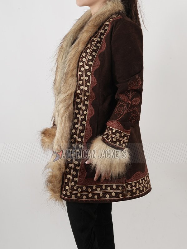 A Complete Unknown Elle Fanning Brown Suede Leather Jacket A Complete Unknown Sylvie Russo Brown Shearling Jacket