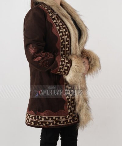 A Complete Unknown Elle Fanning Brown Shearling Leather Jacket