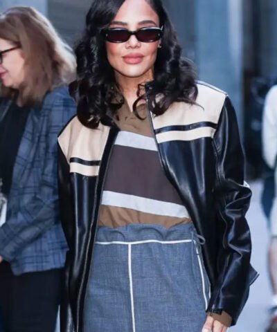 Tessa Thompson Black and Beige Leather Jacket