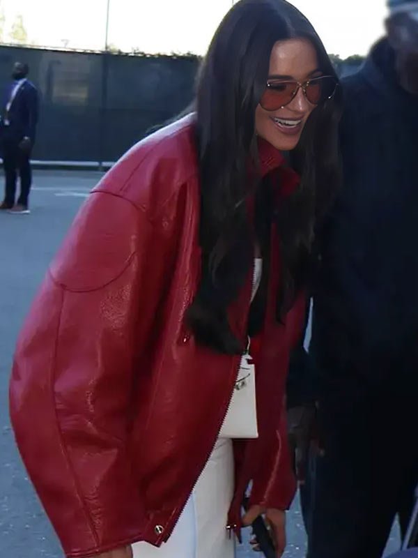 Olivia Culpo Red Leather Jacket San Francisco 49ers 2025 Olivia Culpo Red Leather Jacket