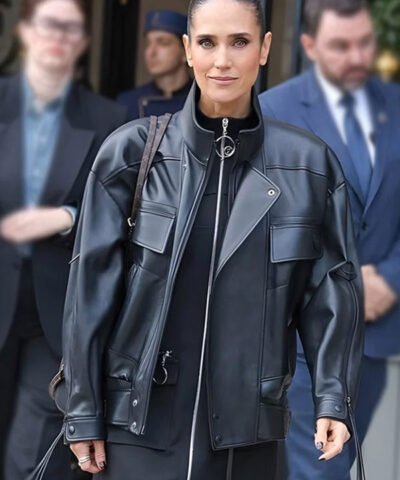Jennifer Connelly Paris Fashion Week 2025 Black Leather Jacket