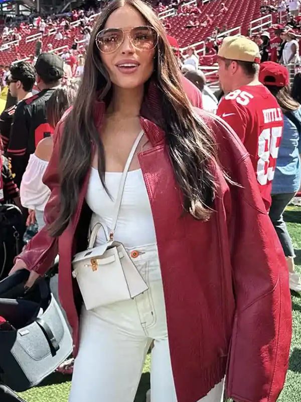 San Francisco 49ers 2025 Olivia Culpo Red Leather Jacket San Francisco 49ers 2025 Olivia Culpo Red Jacket