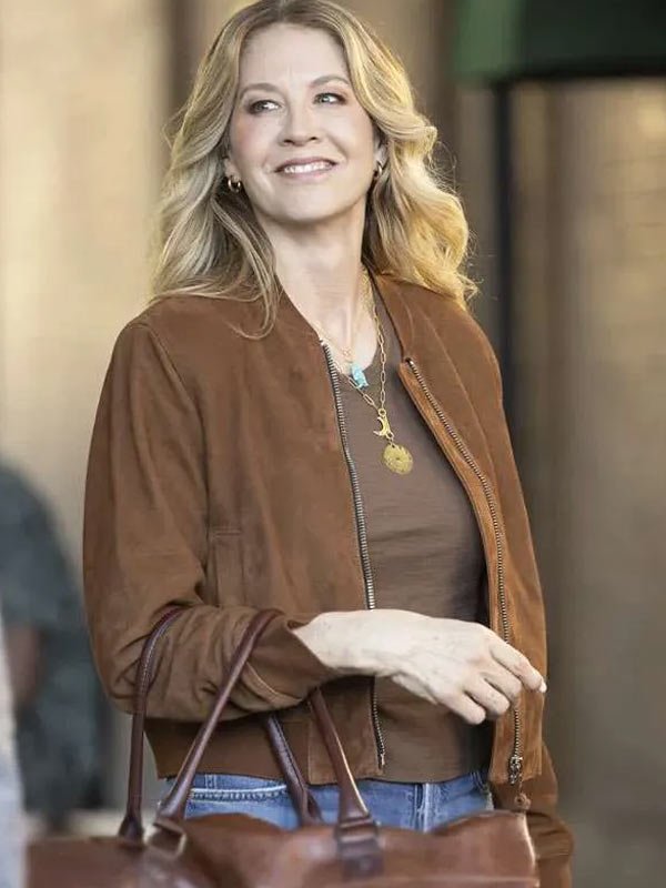 Shifting Gears S02 Jenna Elfman Suede Bomber Jacket Shifting Gears 2025 Eve Drake Brown Suede Leather Jacket