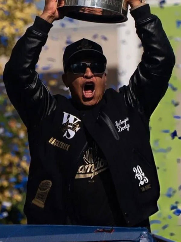Dave Roberts Dodgers World Series Championship Parade Jacket Dodgers World Series Championship Dave Roberts Black Bomber Jacket