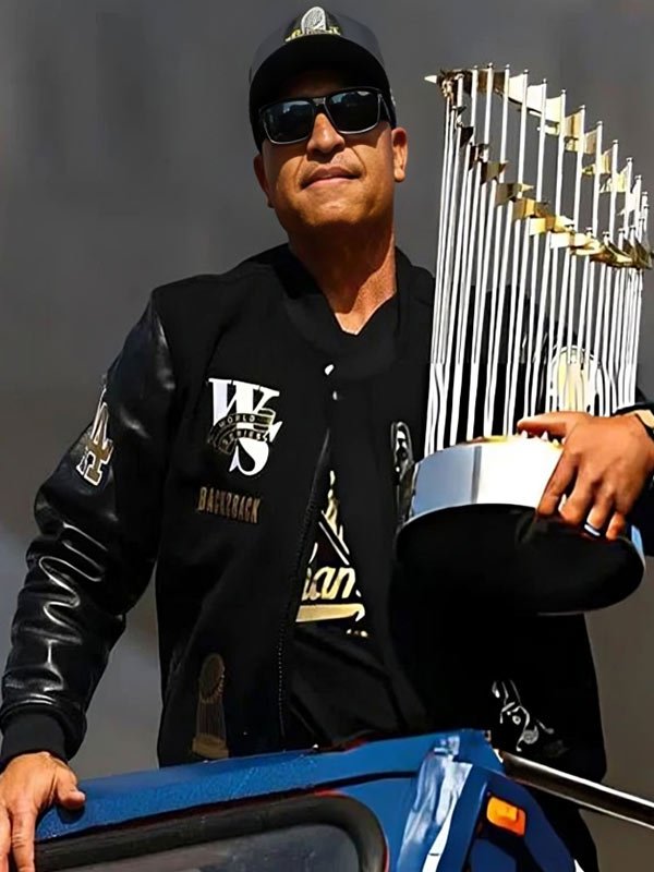 Dodgers World Series Championship Dave Roberts Jacket World Series Championship Parade 2025 Dave Roberts Black Letterman Jacket