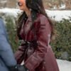 Jameela Jamil A Merry Little Ex-Mas 2025 Maroon Leather Coat