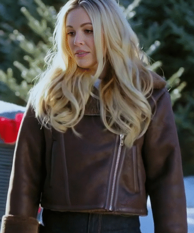 Natalie Hall A Wild West Christmas 2025 Brown Shearling Jacket