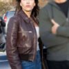 Tracker Sofia Pernas Brown Bomber Leather Jacket
